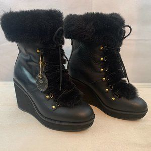 NEW! Women’s Ralph Lauren Rachele Boots 7 Black Wedge Embossed Leather Faux Fur